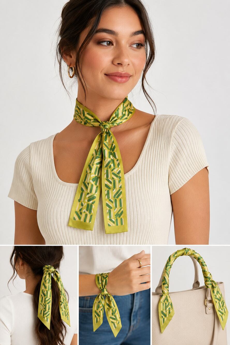 Green Yellow Geometric Print Skinny Scarf Twilly Neck Hair Handbag 4.75x42